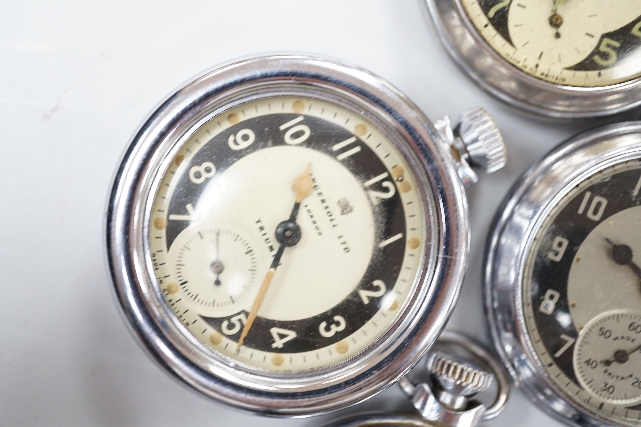 Ten assorted base metal pocket watches including Ingersoll, Services Excel and Smiths.